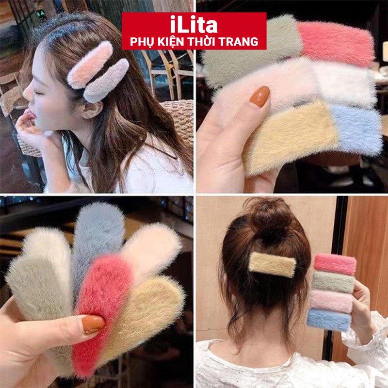 Kẹp tóc mái phối lông iLita - cặp bấm mái nữ đẹp vintage Hàn Quốc hottrend 2023