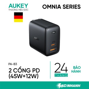 Cốc sạc nhanh AUKEY PA-B3 65W, 2 cổng ra (1 cổng PD-C 45W & 1 cổng USB QC 3.0) - hàng chính hãng