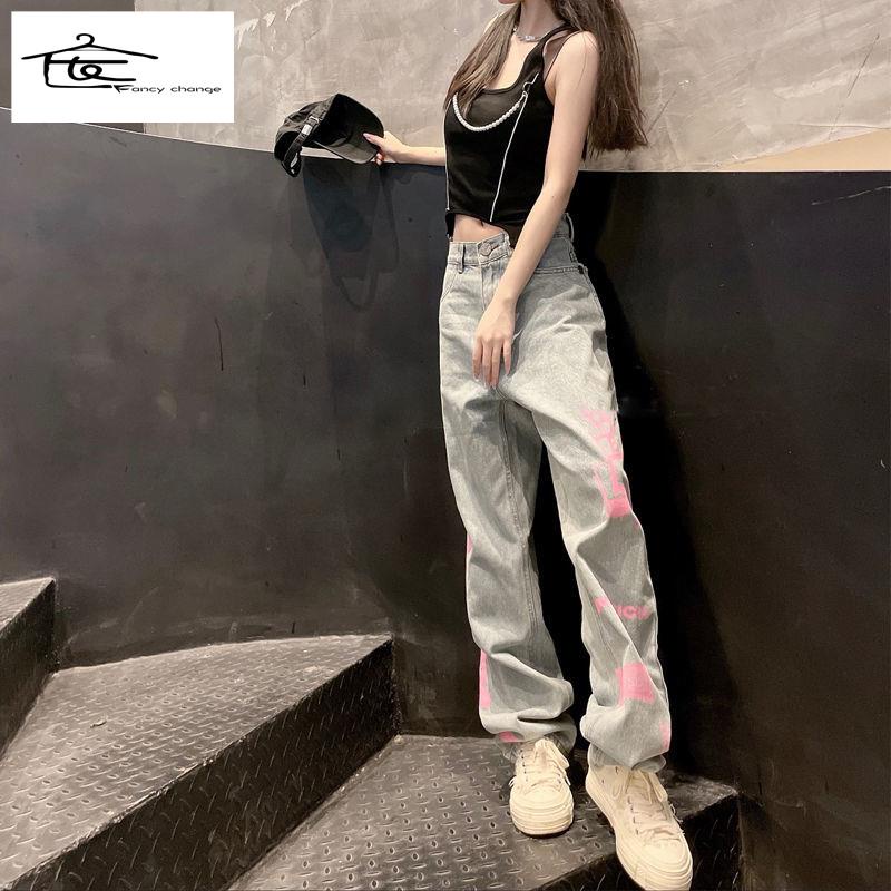Quần Jean Dài Dáng Rộng In Họa Tiết Graffiti Kiểu Retro Đường Phố Cá Tính Cho Nữ