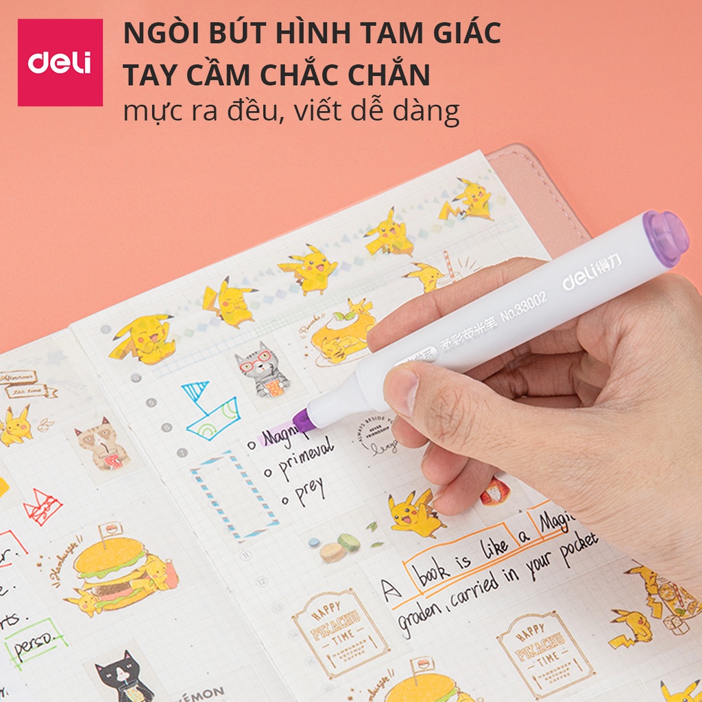 [Mã LIFEDELI20K5 giảm 20K đơn 0Đ] Bút highlight dạ quang ghi nhớ dấu dòng Deli hộp 6 chiếc - 33002