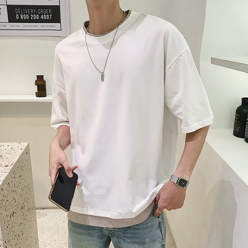 Áo thun tay lỡ Unisex form rộng trơn basic giả 2 lớp nam , nữ Cotton phong cách Streetwear Hàn Quốc...