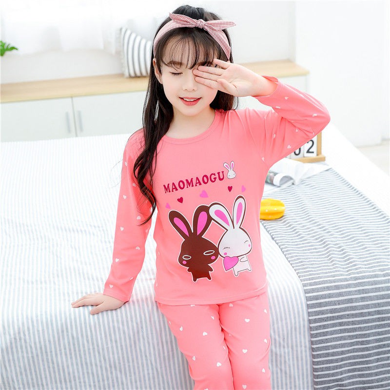 Đồ ngủ cho bé gái mùa xuânMùa xuân và thu Bộ đồ ngủ dài tay hoạt hình dễ thương Hàn Quốc, trẻ em, bé gái, hè , lớn, tra
