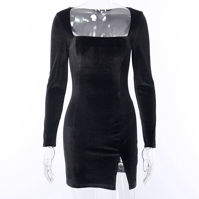 Fashion Square Neck Split Velvet Long Sleeve Slim Dress