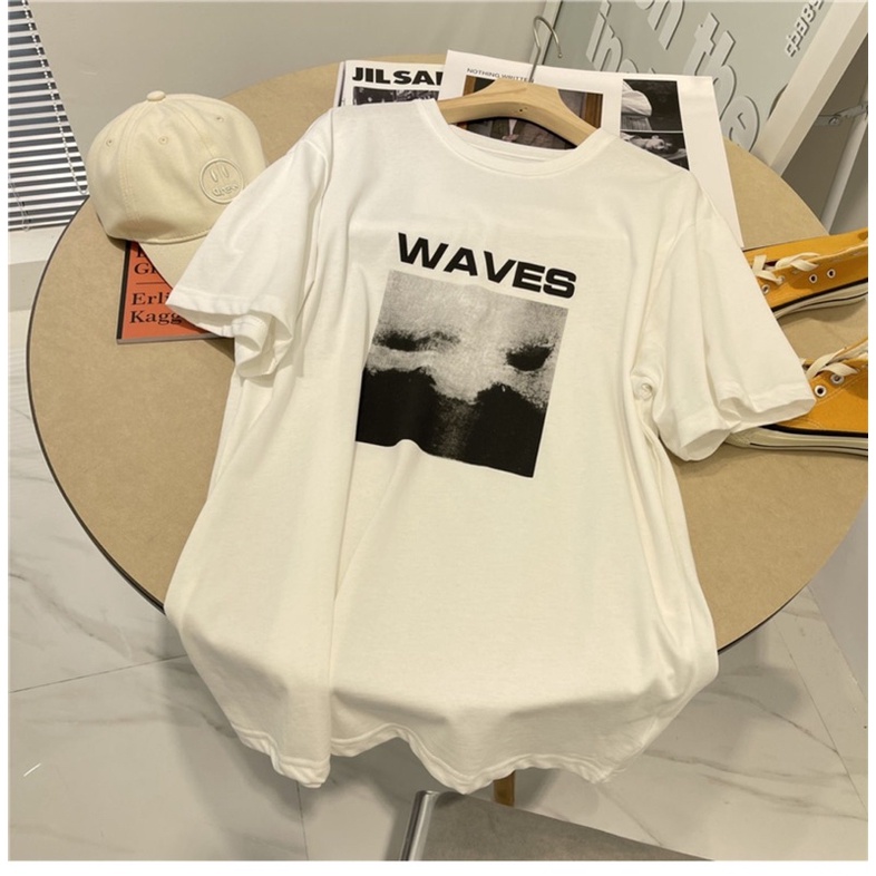 Áo phông 3158, áo thun tay lỡ form rộng chất cotton in chữ waves