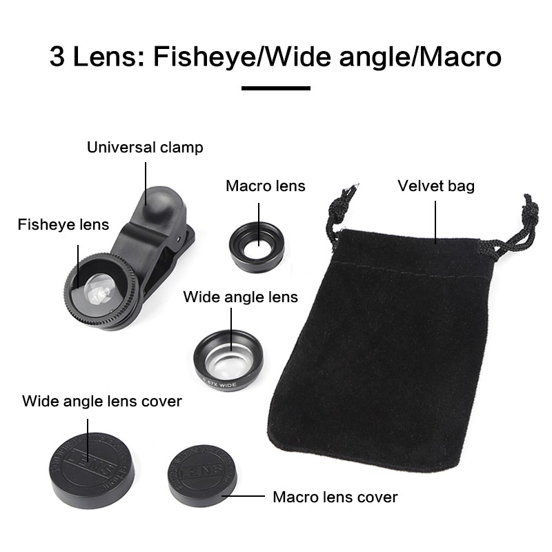 TAO3C Fisheye lens 3 in 1 lenses mobile phone clip lens wide angle lens camera macro for iPhone Xiaomi Huawei Lenovo TAO3C