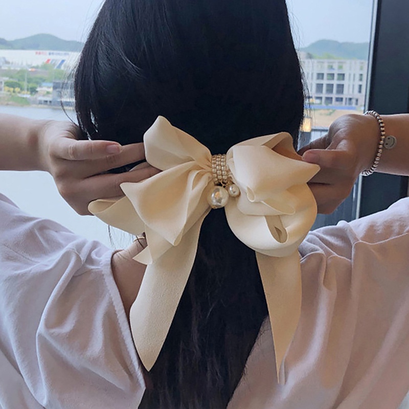 Kẹp Tóc Hình Nơ Đính Hạt Ngọc Trai Bằng Vải Chiffon Dễ Thương Dành Cho Bạn Gái