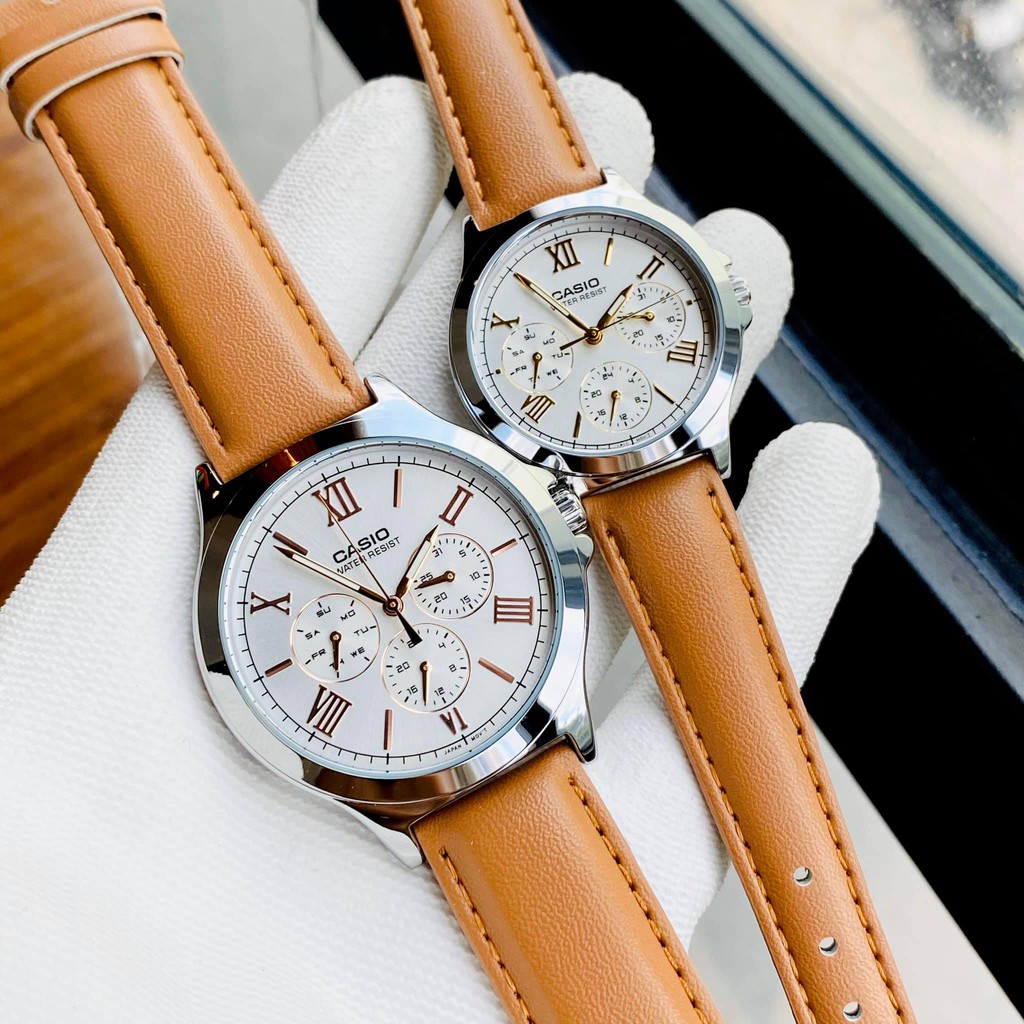 (Chính hãng) Đồng hồ couple Nam Nữ Casio MTP-V300L dây da màu nâu