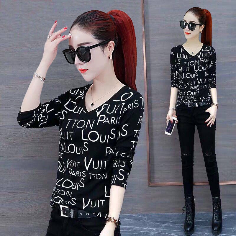 Áo Thun Nữ Tay Dài Cổ Chữ V In Họa Tiết Phong Cách Phương Tây Thời Trang Mùa Thu Mới