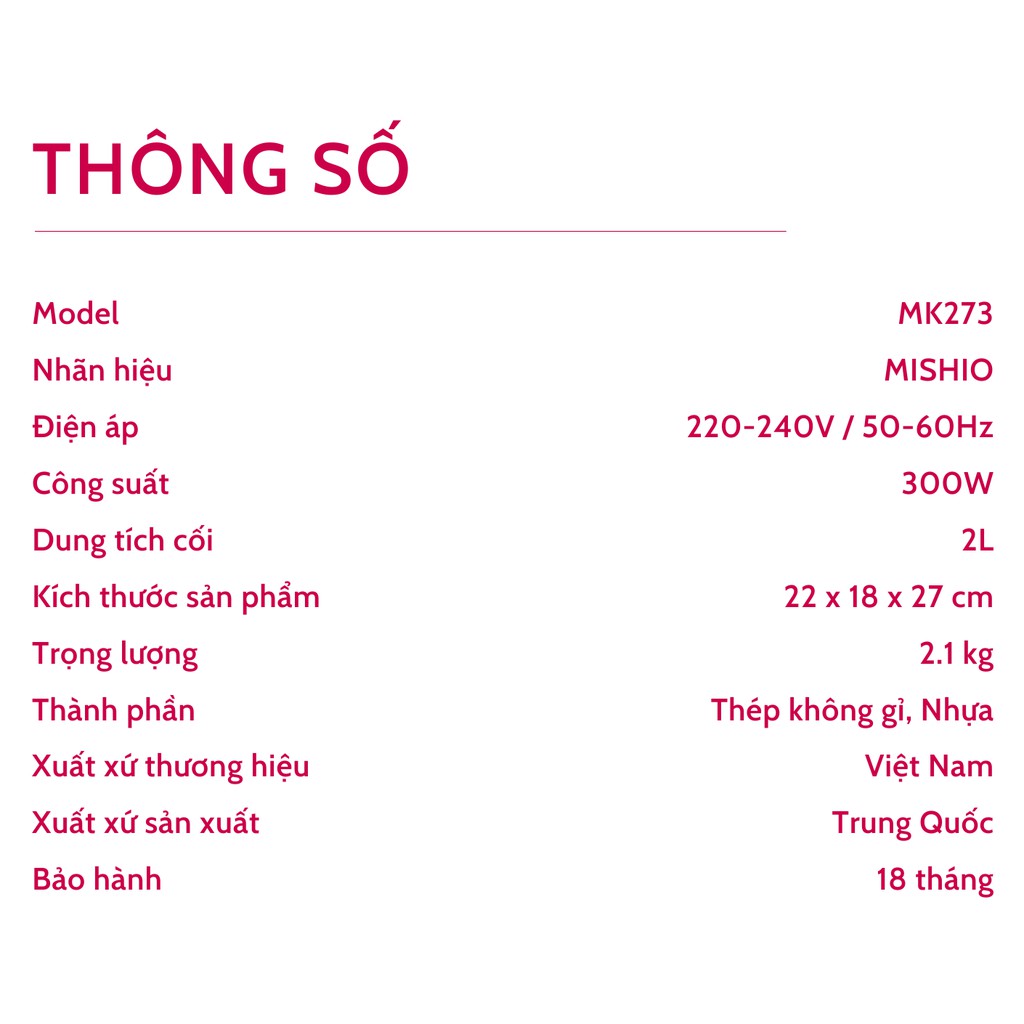 [Mã ELHADEV giảm 4% đơn 300K] Máy Xay Thịt Mishio MK273 2 Lít 300W - Quà tặng từ 1/9 - 31/10