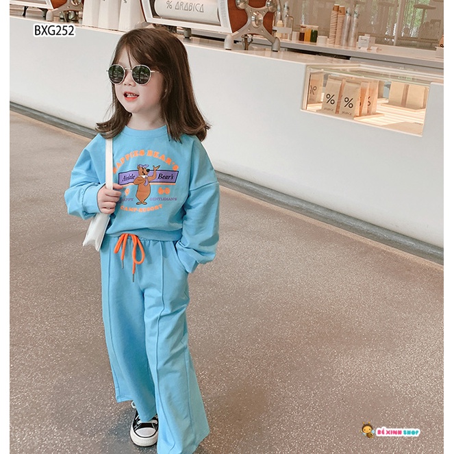 Bộ Dài Tay Thu đông Quần Ống Rộng In Gấu Dễ Thương Cho Bé Gái BXG251