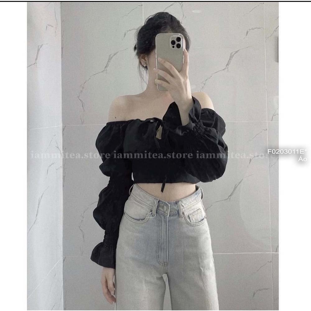 Áo thô croptop rớt vai tay dài bo có cúp
