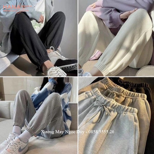 ♧♦☞Quần jogger nữ ống rộng bo gấu có dây rút dáng nỉ vải tổ ong cao cấp đi học công sở tập gym thể thao ấm