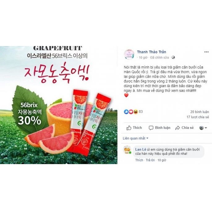 Nước Ép Bưởi Sanga Real Grapefruit Vita Tok Tok Hỗ Trợ Giảm Cân, Làm Đẹp Da 20g x 30 Gói