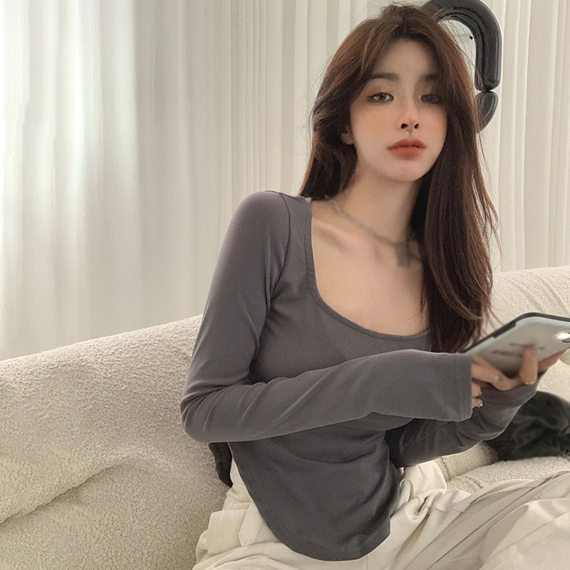 Áo Thun Crop Top Tay Dài Màu Sắc Đơn Giản Phong Cách Hàn Quốc Cho Nữ