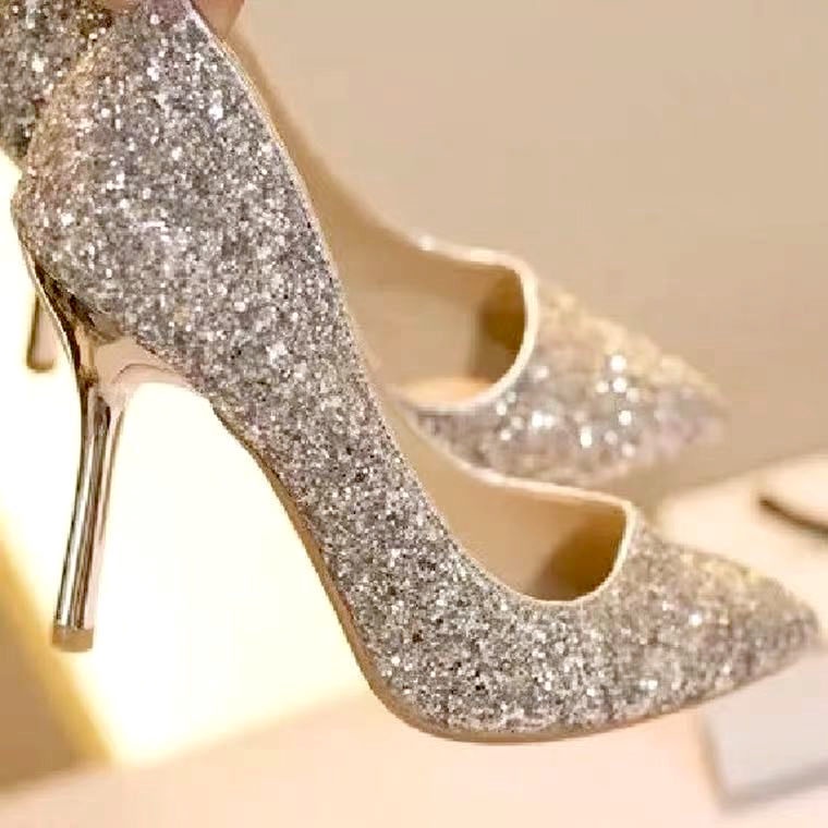 Giày cao gót sequin sáng chiếu phong cách mùa xuân hè Trung Quốc cho cô dâu