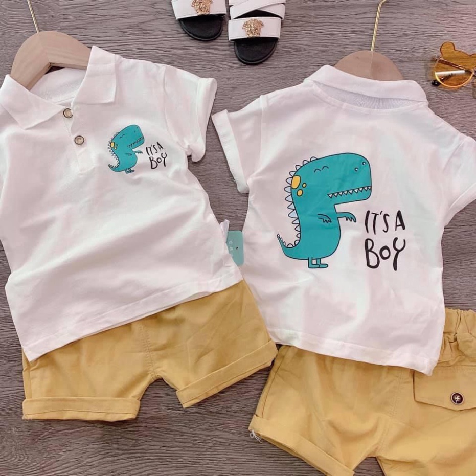 Bộ cộc tay bé trai, Bộ áo polo trắng kèm quần kaki cho bé trai,  Bộ KL áo trắng cộc tay it's a boy cho bé