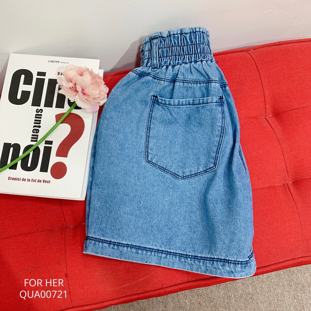 Quần short jean nữ lưng thun 2 nút cạp cao ống rộng QUA0072