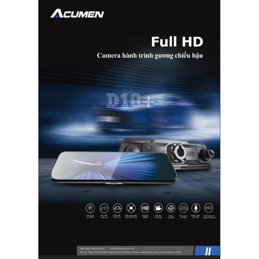 ( Tặng thẻ nhớ 16G và đầu đọc thẻ ) Camera hành trình dạng gương chiếu hậu Acumen D10+ , Màn hình 9.66″ , full HD
