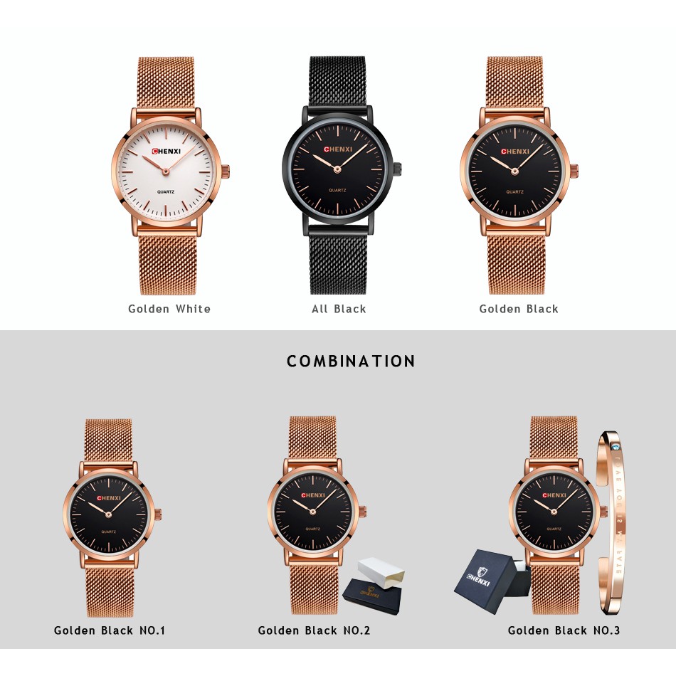 Đồng Hồ Đeo Tay Chexi Dây Lưới Thép Không Gỉ Siêu Mỏng Chống Thấm Nước Dành Cho Nữ