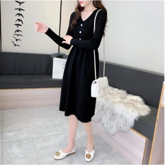 Đầm len cổ chữ v dáng dài qua gối trẻ trung mặc đi chơi, dự tiệc thời trang thu đông