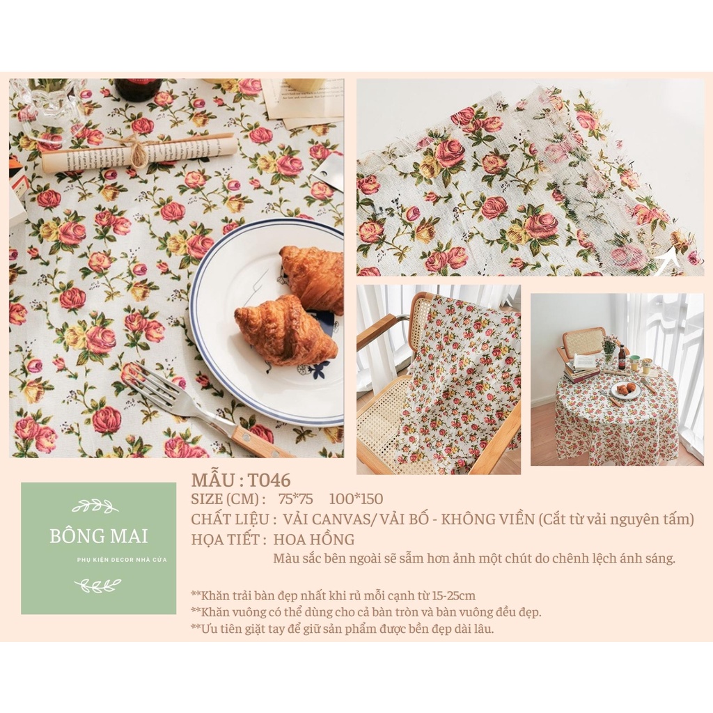 [100*150cm] Khăn trải bàn, thảm picnic vải canvas trắng đỏ họa tiết bông hồng phong cách vintage - T046