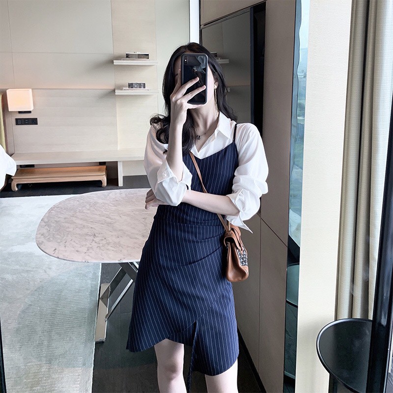 Đầm sơ mi tay dài yếm caro kẻ sọc trẻ trung