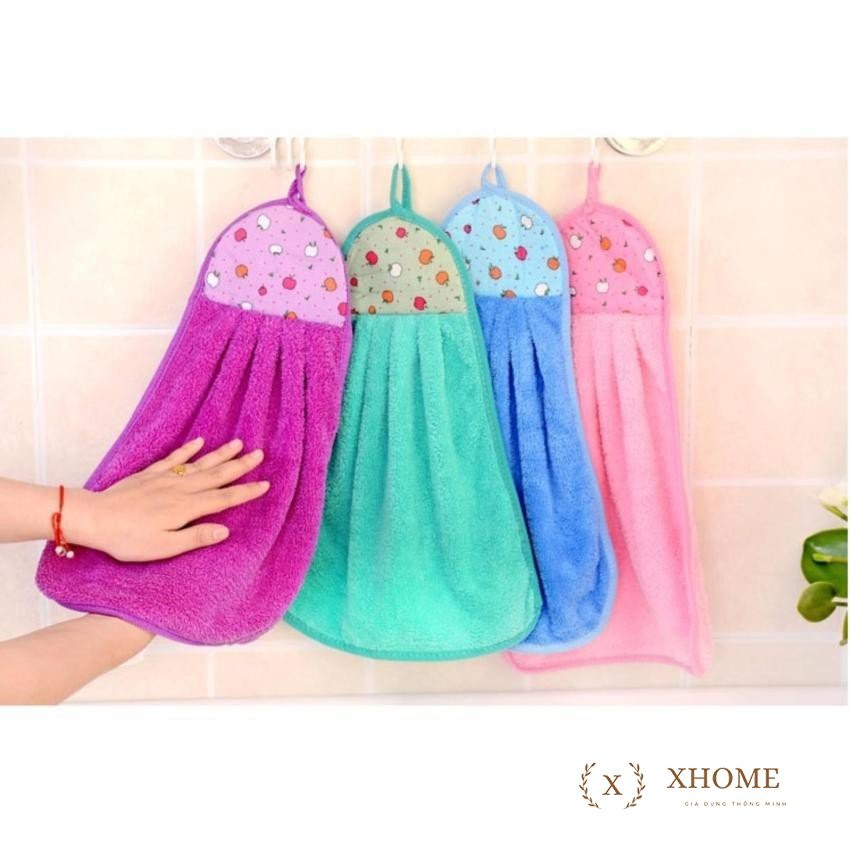 Khăn lau tay, khăn lau bếp vải bông microfiber mềm mịn, thấm hút tốt, có móc treo tiện dụng