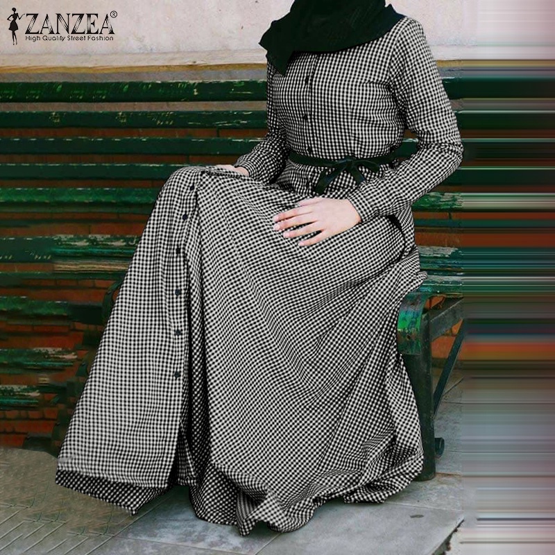 Đầm maxi ZANZEA tay dài cài nút in họa tiết caro thời trang dành cho phụ nữ hồi giáo