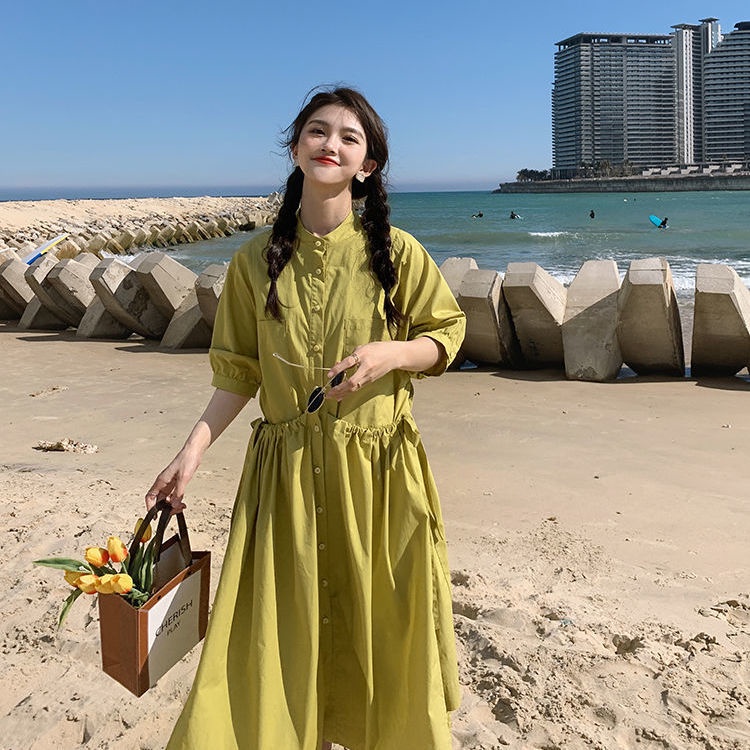 Đầm dáng chữ A tay phồng màu xanh lá nhạt phong cách Hàn Quốc dễ thương dành cho nữ