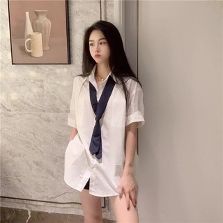 [Siêu Đẹp] (TẶNG CAVAT) ÁO SƠ MI NỮ TRẮNG ULZZANG DÁNG DÀI CỔ BẺ CỘC TAY THỜI TRANG -Kèm ảnh thật