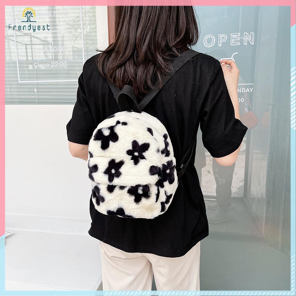 Preppy Style Women Flowers Printing Plush Backpack Casual Small Knapsack