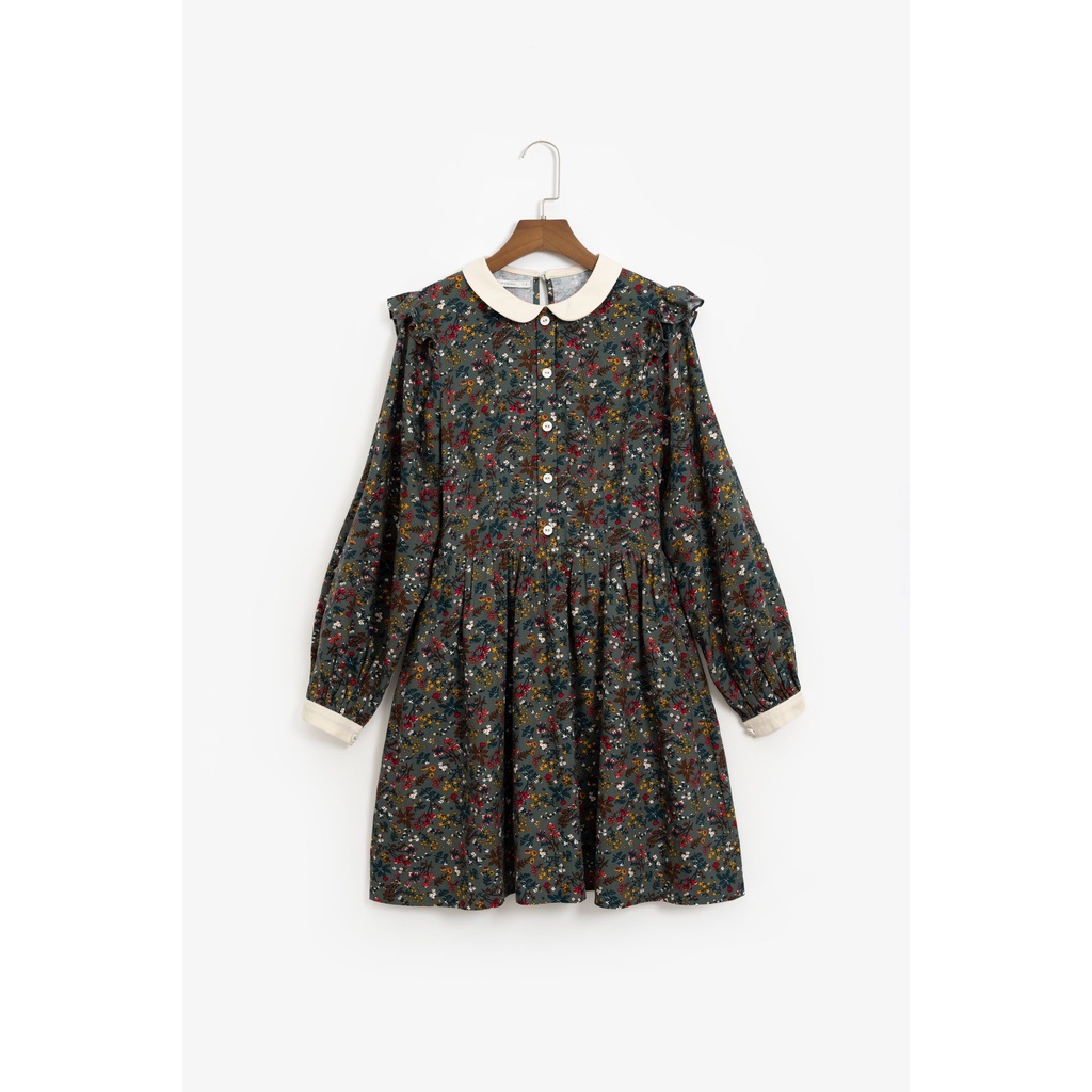 Váy hoa nhí xanh nữ MADELEN dáng cổ sen trắng