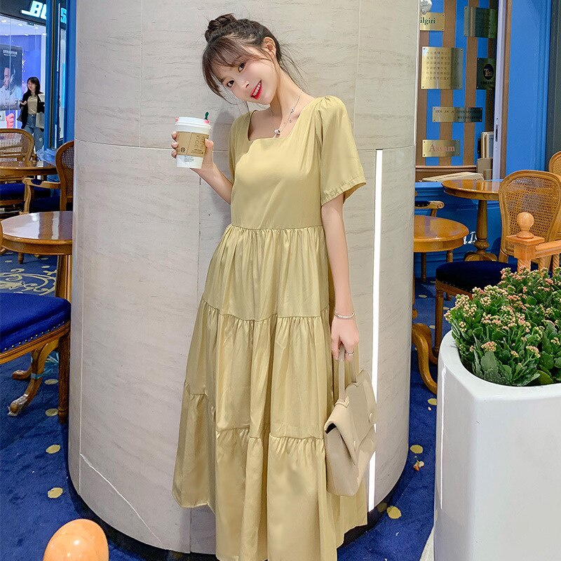 Đầm tay ngắn cổ vuông dáng rộng màu trơn thời trang mùa hè cho mẹ bầu