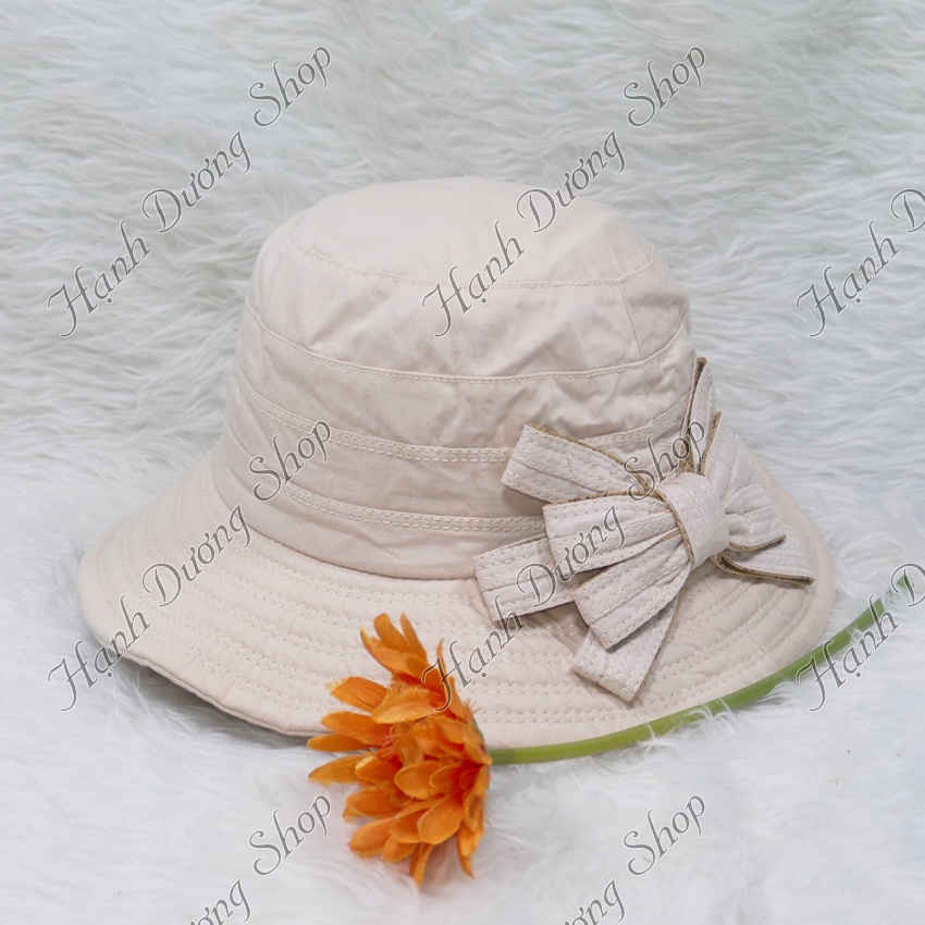 Mũ đẹp nón bo nữ vành rộng 7cm gắn nơ vải cotton oát cao cấp phù hợp cho nữ
