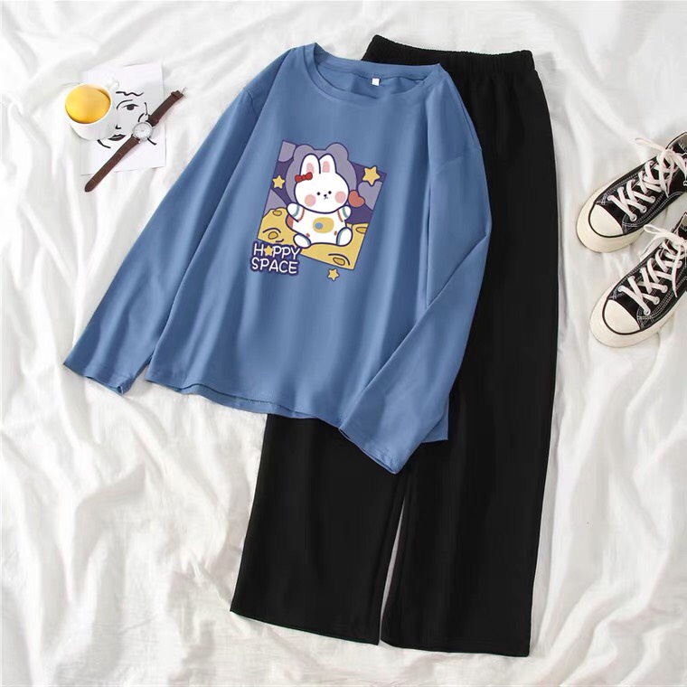 Sét Áo Thỏ Happy +quần suông, Áo thun tay dài from rộng, Chất đẹp không xù, quần suông ống rộng, Sét bộ mặc ở nhà - MODY