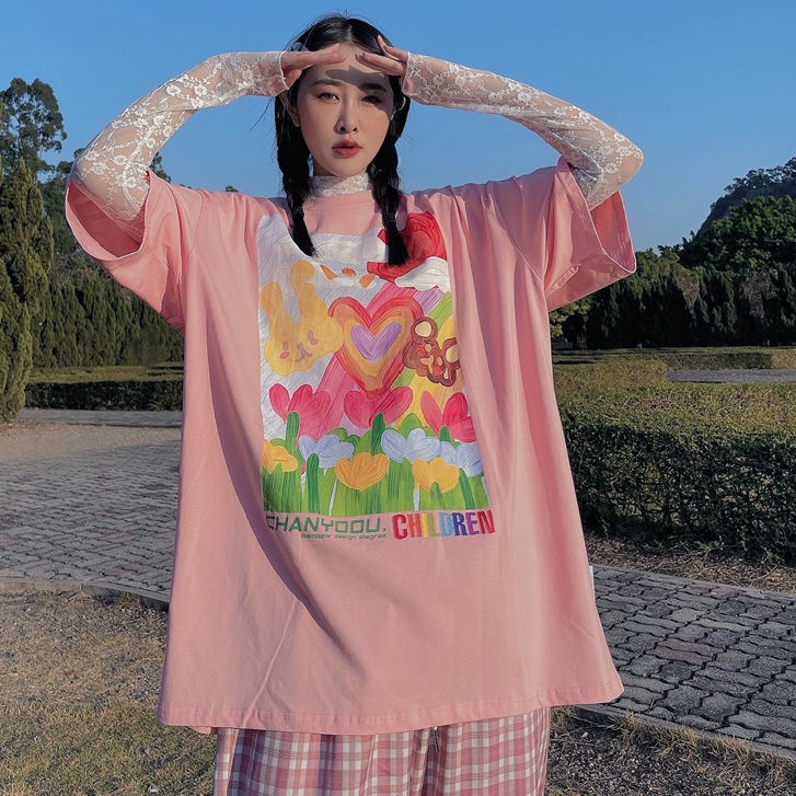 Áo Thun Cotton Tay Ngắn Dáng Rộng In Họa Tiết Tranh Sơn Dầu Kiểu Retro Hàn Quốc Thời Trang Xuân Hè Cho Nữ