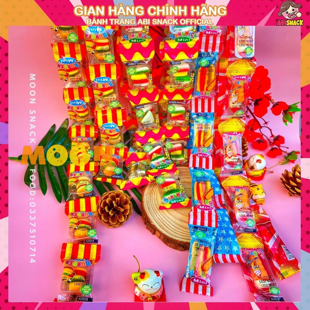 1 dây gồm 10 gói Kẹo Dẻo Mini hình Hamburger/Que Kem/Hotdog/ Sandwich thương hiệu Risen 100g-ăn vặt tuổi thơ