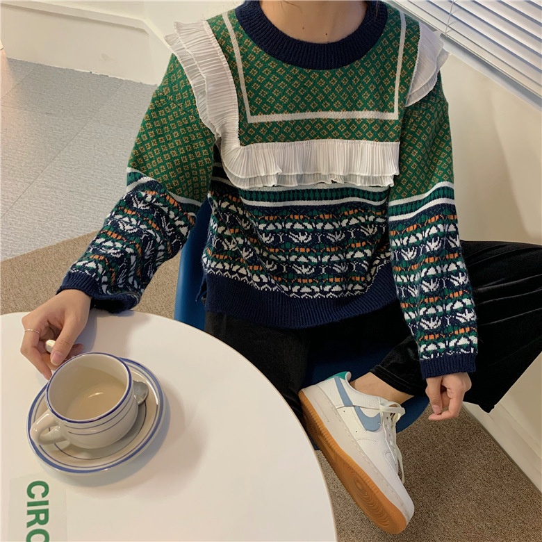 Áo len xanh phối viền ren cao cấp, áo len chui đầu tiểu thư siêu hot 2021 | BigBuy360 - bigbuy360.vn