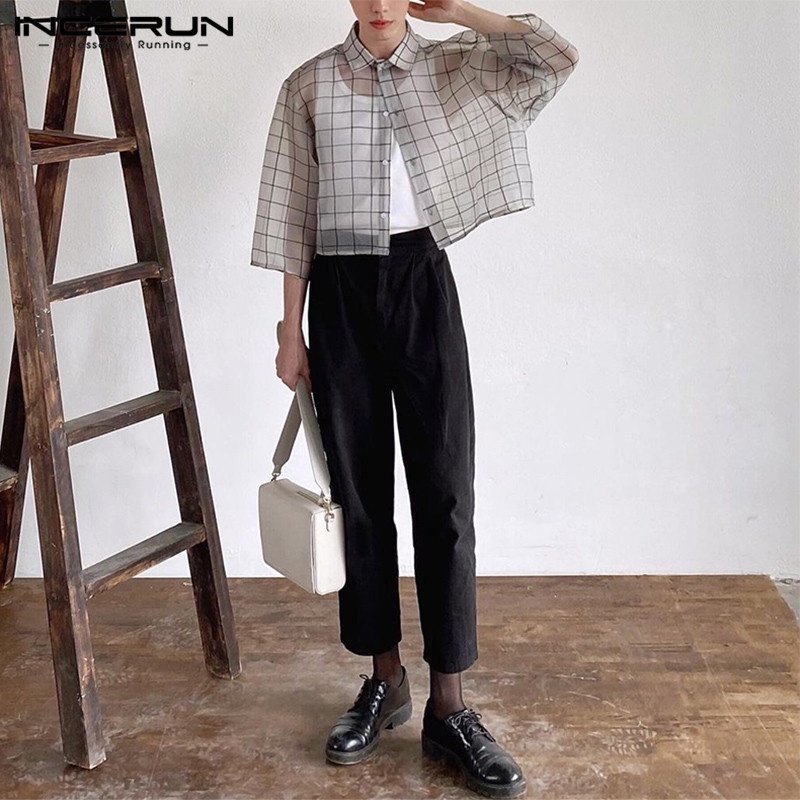 Áo sơ mi croptop INCERUN tay ngắn dáng rộng cài khuy kẻ sọc ca rô thời trang cho nam