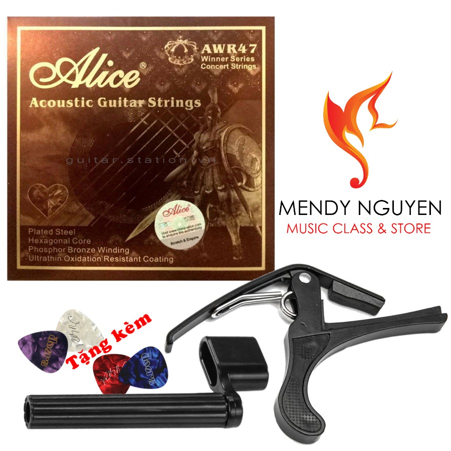 Combo bộ dây đàn guitar Alice AWR47 + Capo (Tặng tay quay dây đàn + pick guitar)