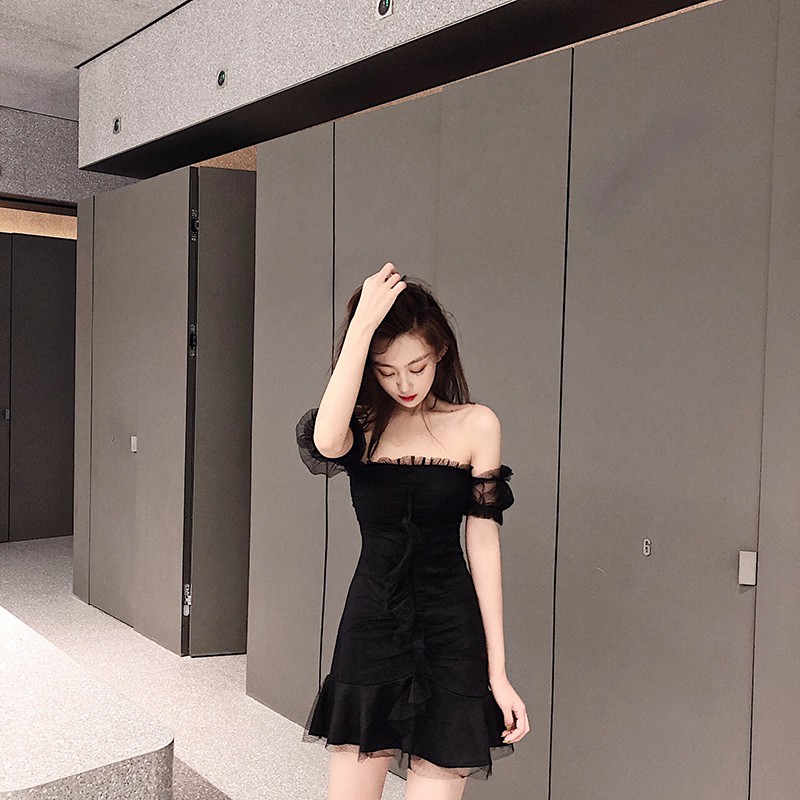 Đầm Ngang Vai Ôm Dáng Phối Lưới Gợi Cảm