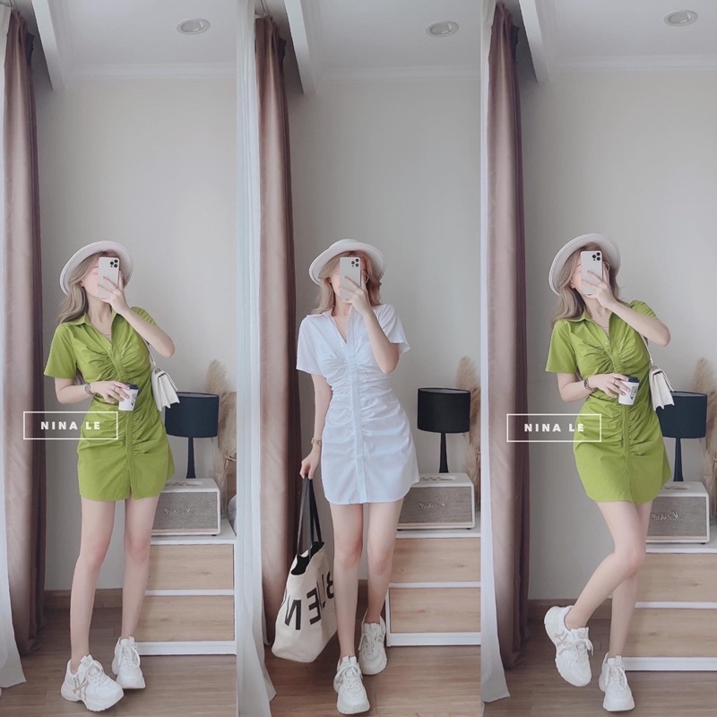 Đầm váy sơ mi nhún xanh lá trắng