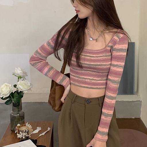 Áo Croptop Dệt Kim Họa Tiết Kẻ Sọc Màu Hồng Thời Trang Cho Nữ
