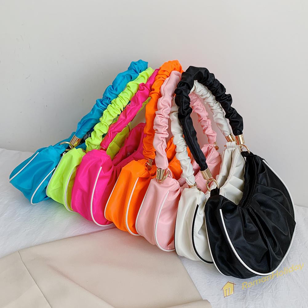 【On Sale】Retro Women Pleated Pure Color Underarm Bag Casual Top-handle Hobos Handbag