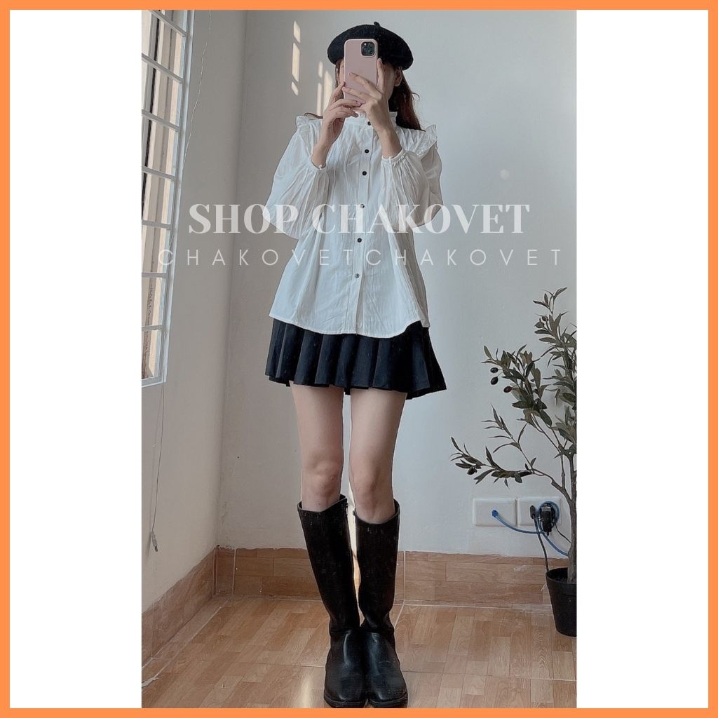 Áo babydoll xếp li ngực điệu đà phong cách Hàn Quốc cka818, kiểu áo sơ mi nữ trắng phối hàng cúc phía sau đẹp cá tính