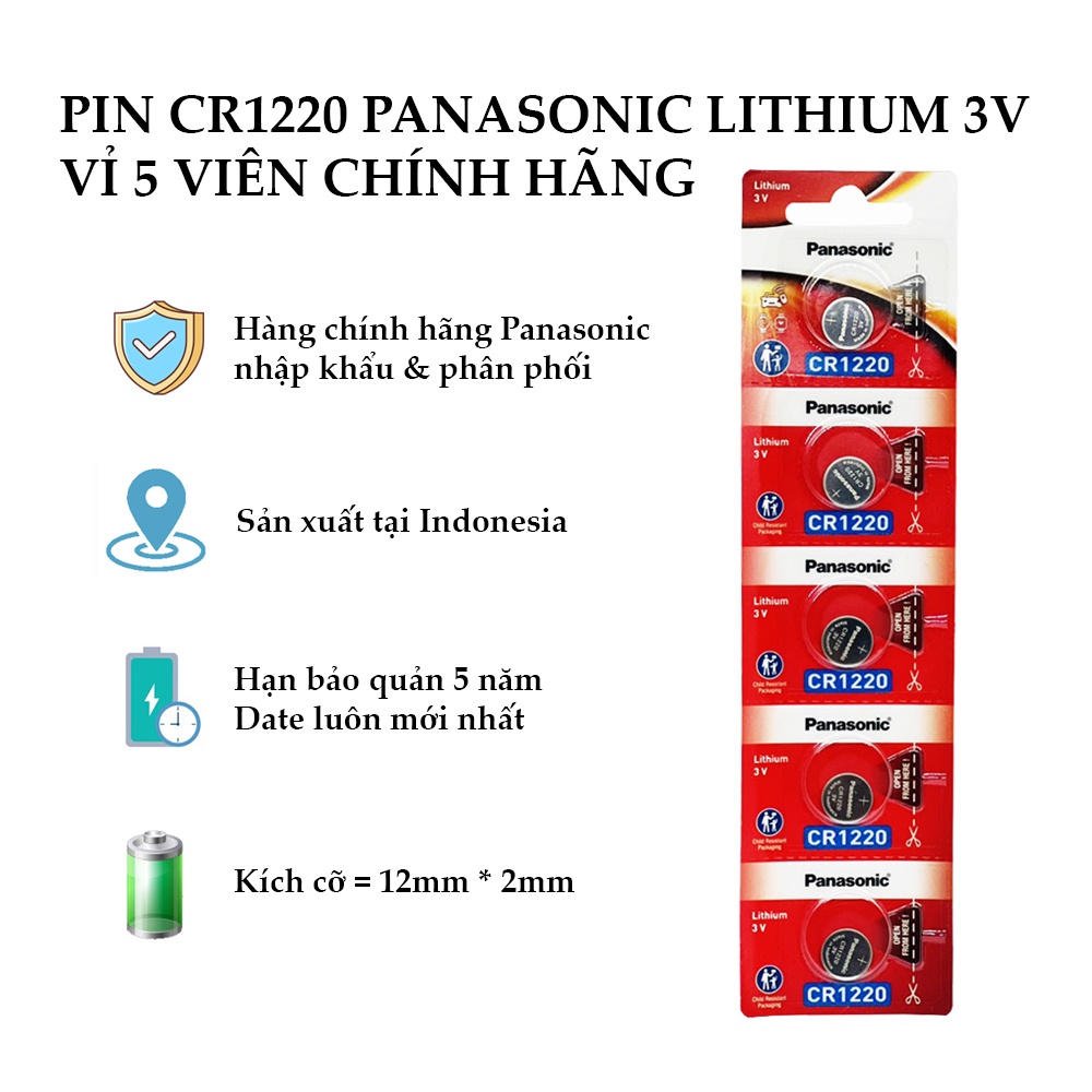 Pin CR1220 Panasonic lithium 3V vỉ 5 viên chính hãng