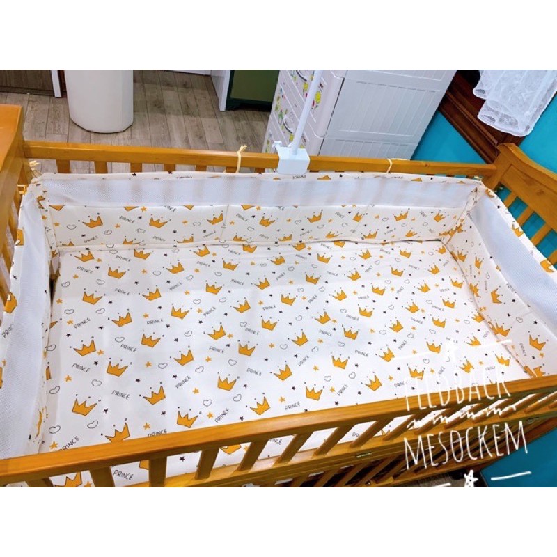 Bộ quây cũi lưới 3d thoáng khí và ga chun bọc đệm 100% Cotton Hàn Quốc cho bé