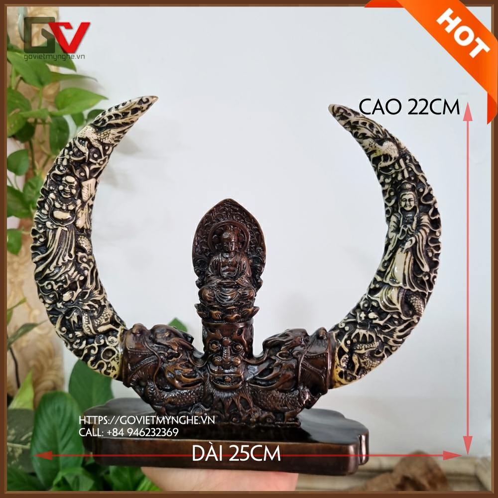 Tượng đá Phật A Di Đà ngồi đài sen cưỡi Rồng ngậm ngà khắc Long Lân Quy Phụng - Dài 25cm