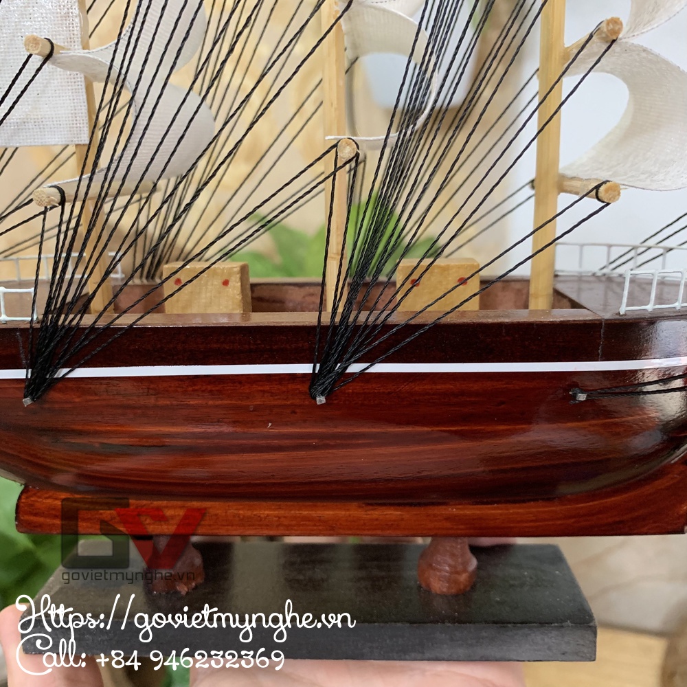 [Sẵn sàng trưng bày] Thuyền gỗ mô hình trang trí phong thủy thuận buồm xuôi gió - LeBelem Pháp Dài 20cm - Buồm vải trắng