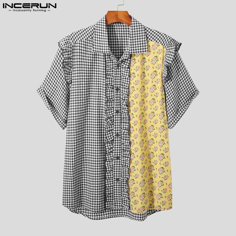 Áo sơ mi INCERUN ngắn tay viền bèo họa tiết kẻ sọc thời trang mùa hè cho nam
